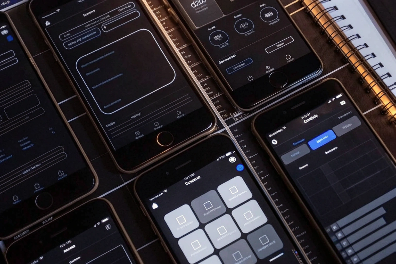 Smartphones with mockups of different applications on screens in an abstract dark space. Smartphones with mockups of different applications on screens in an abstract dark space.